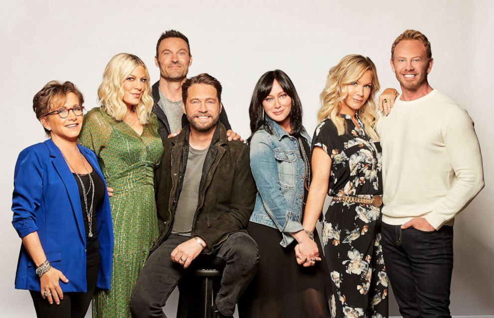 PHOTO: Gabrielle Carteris, Tori Spelling, Brian Austin Green, Jason Priestley, Shannen Doherty, Jennie Garth and Ian Ziering.  BH90210, the highly anticipated new six-episode event series, will premiere, Aug. 7, 2019.