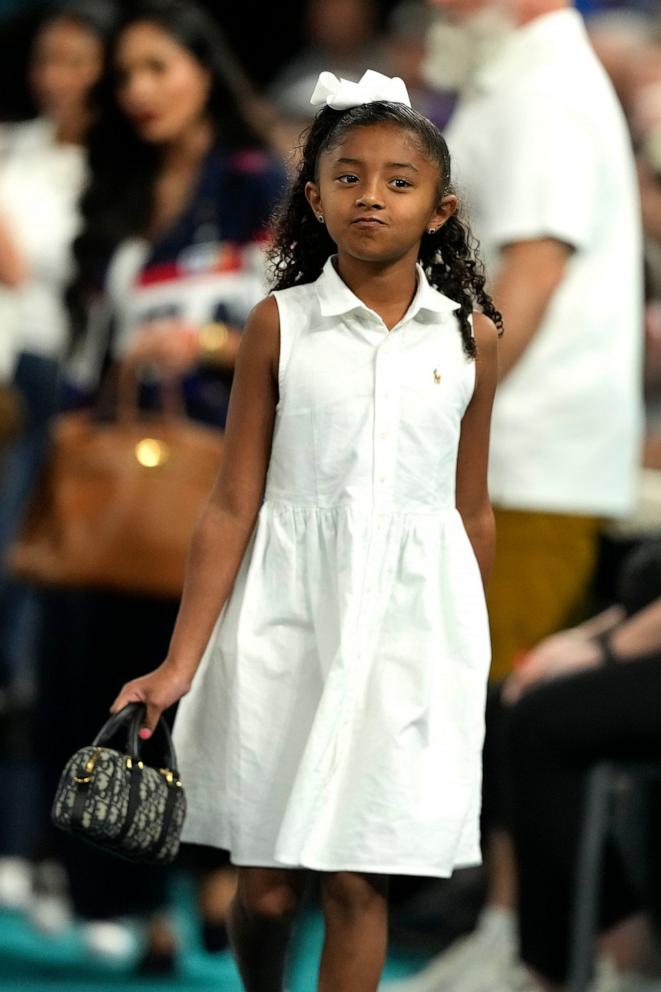 PHOTO: In this Aug. 9, 2024, file photo, Bianka Bryant walks to her seat at the USA vs' Australia match-up during a women's semifinal basketball game at the 2024 Summer Olympics in Paris.