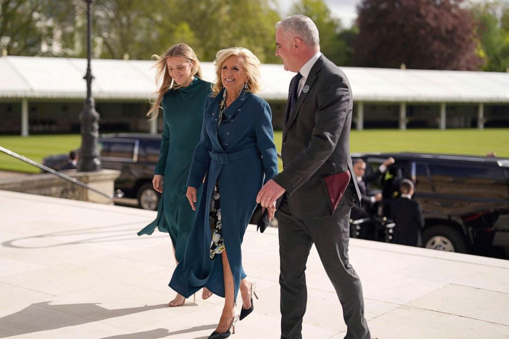 PHOTO: First lady Jill Biden and her grand daughter Finnegan Biden, left, arrive at Buckingham Palace in London, May 5, 2023, for a reception hosted by Britain's King Charles III, for overseas guests attending his coronation.