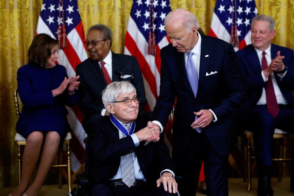 PHOTO: President Joe Biden presents the Presidential Medal of Freedom to Phil Donahue during a ceremony at the White House in Washington, D.C., May 3, 2024.