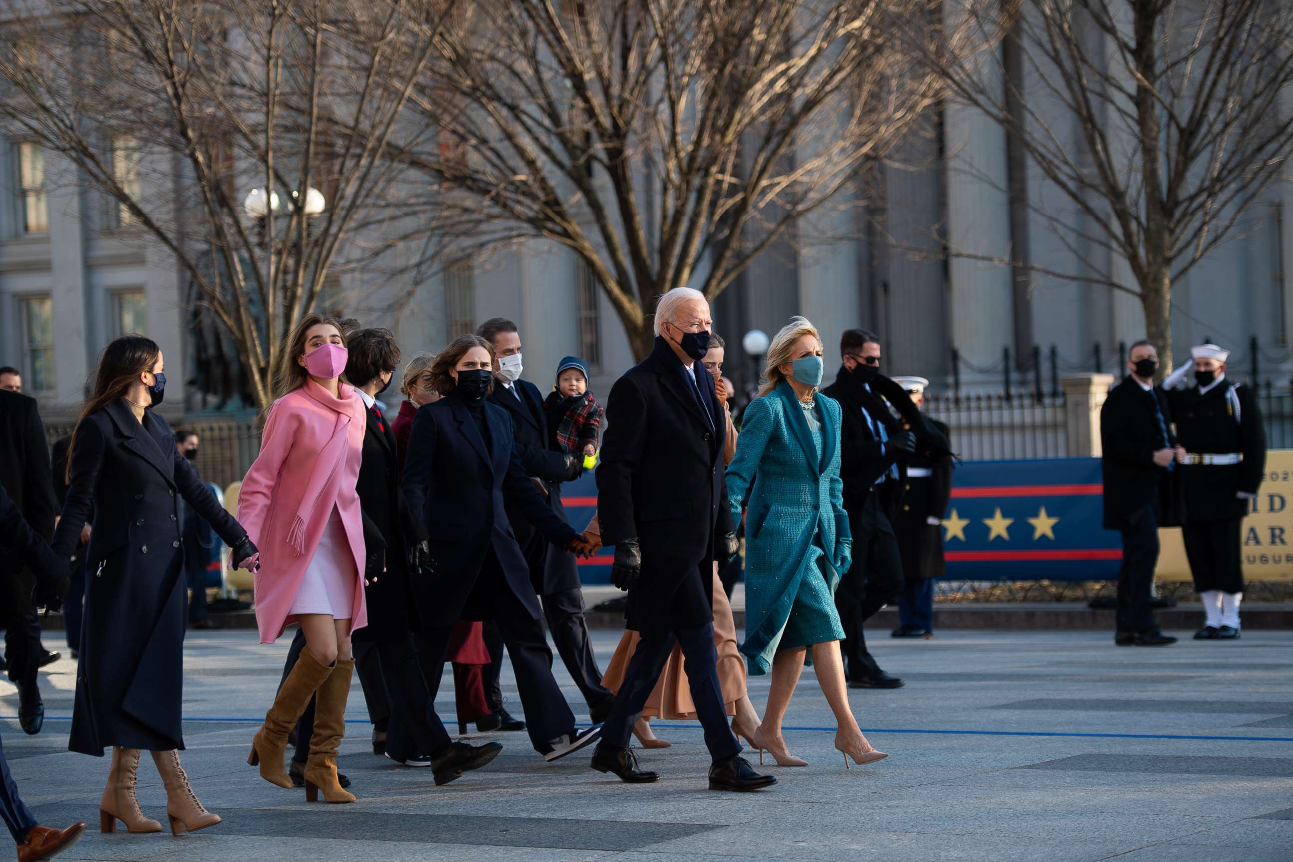 PHOTO: President Joe Biden, first lady Jill Biden and their family walk the abbreviated parade route after Biden's inauguration on Jan. 20, 2021, in Washington, D.C.