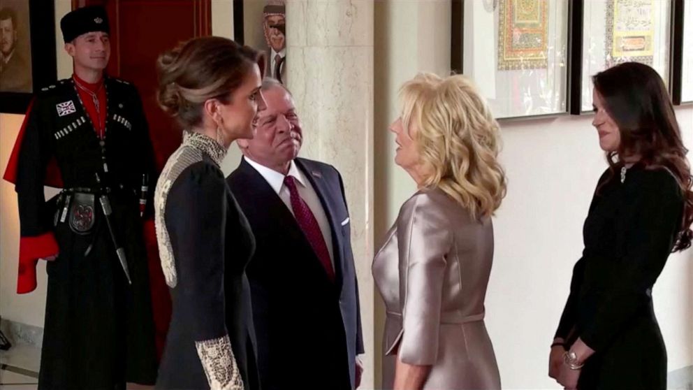 PHOTO: Jordan's King Abdullah II and Jordan's Queen Rania greet First Lady Jill Biden and her daughter Ashley Biden, ahead of the royal wedding ceremony of Crown Prince Hussein and Rajwa Al Saif, in Amman, Jordan, June 1, 2023, in an image from video.