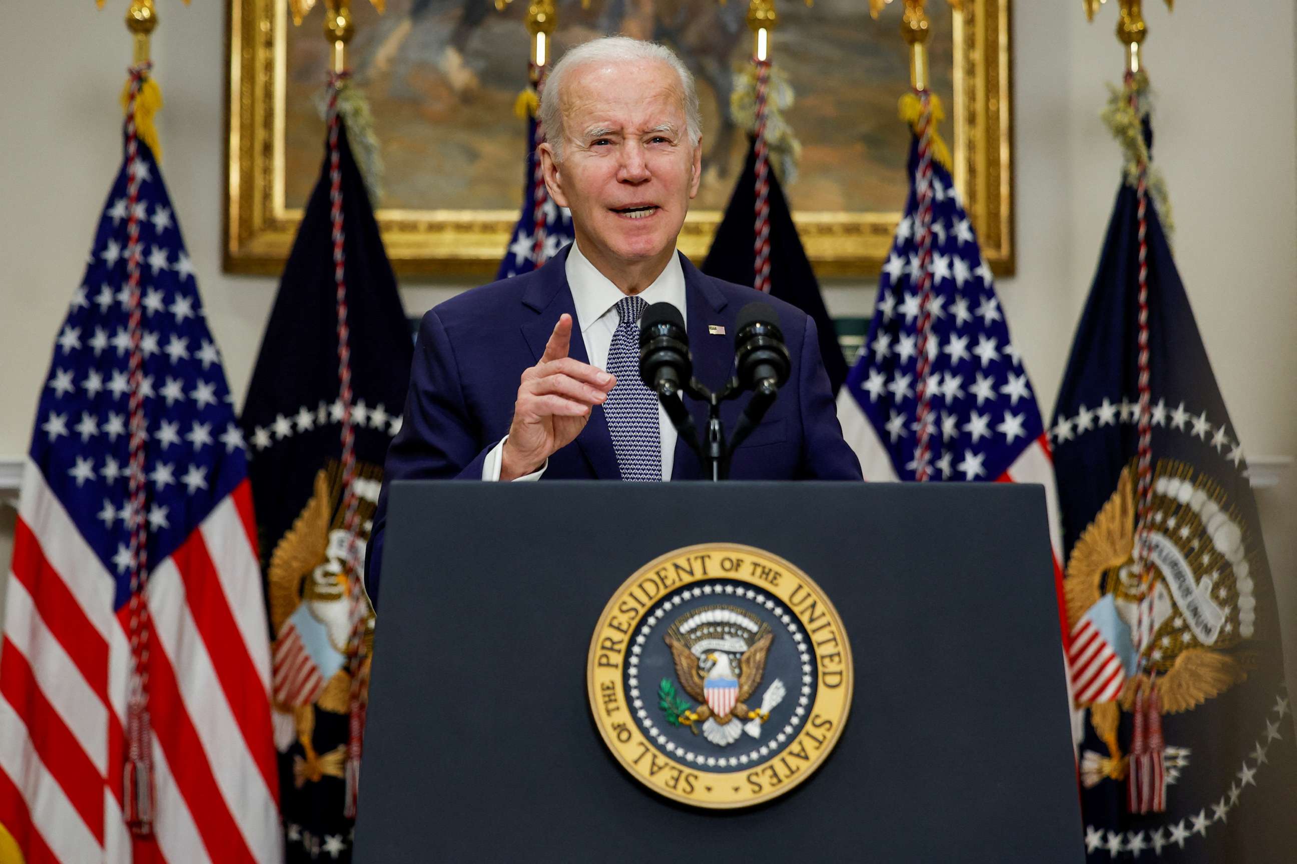 PHOTO: President Joe Biden delivers remarks on the banking crisis after the collapse of Silicon Valley Bank (SVB) and Signature Bank, in the Roosevelt Room at the White House in Washington, D.C., March 13, 2023.