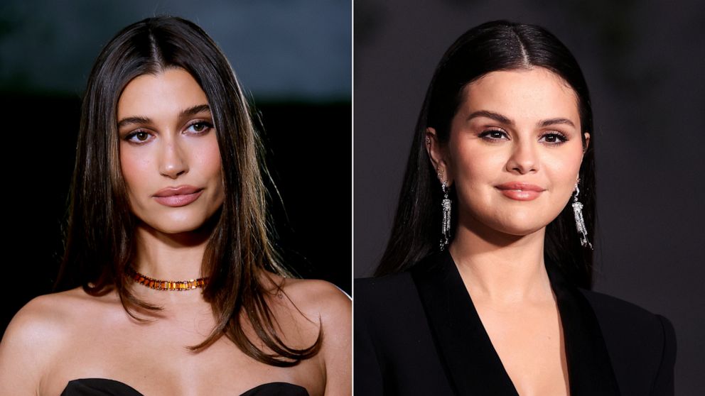 PHOTO: Hailey Bieber, left, and Selena Gomez, right, at the Academy Museum of Motion Pictures Gala in Los Angeles, Oct. 15, 2022.