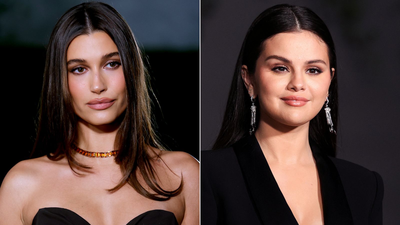 PHOTO: Hailey Bieber, left, and Selena Gomez, right, at the Academy Museum of Motion Pictures Gala in Los Angeles, Oct. 15, 2022.