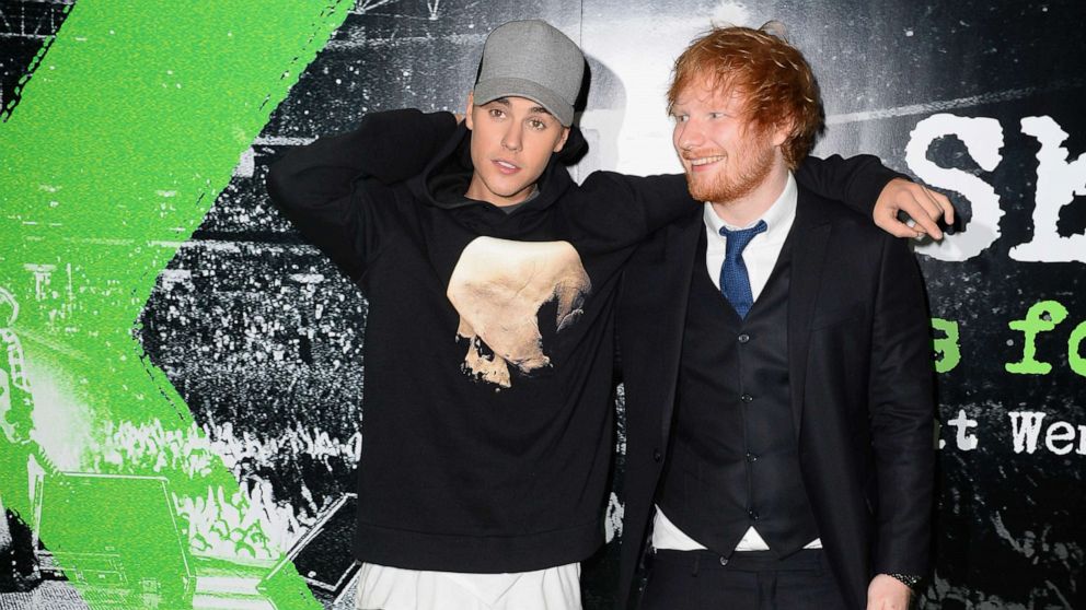 Justin Bieber and Ed Sheeran attend the World Premiere of "Ed Sheeran: Jumpers For Goalposts," Oct. 22, 2015, in London.