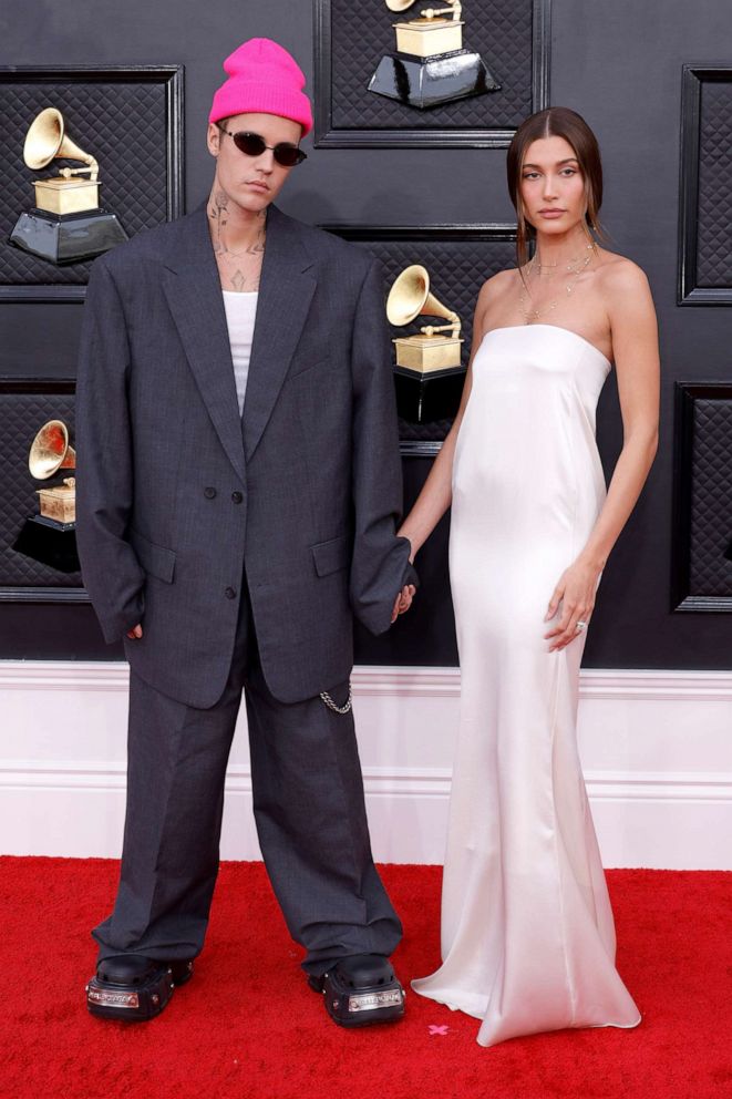 PHOTO: Justin Bieber and Hailey Bieber attend the 64th GRAMMY Awards at MGM Grand Garden Arena, April 3, 2022, in Las Vegas.