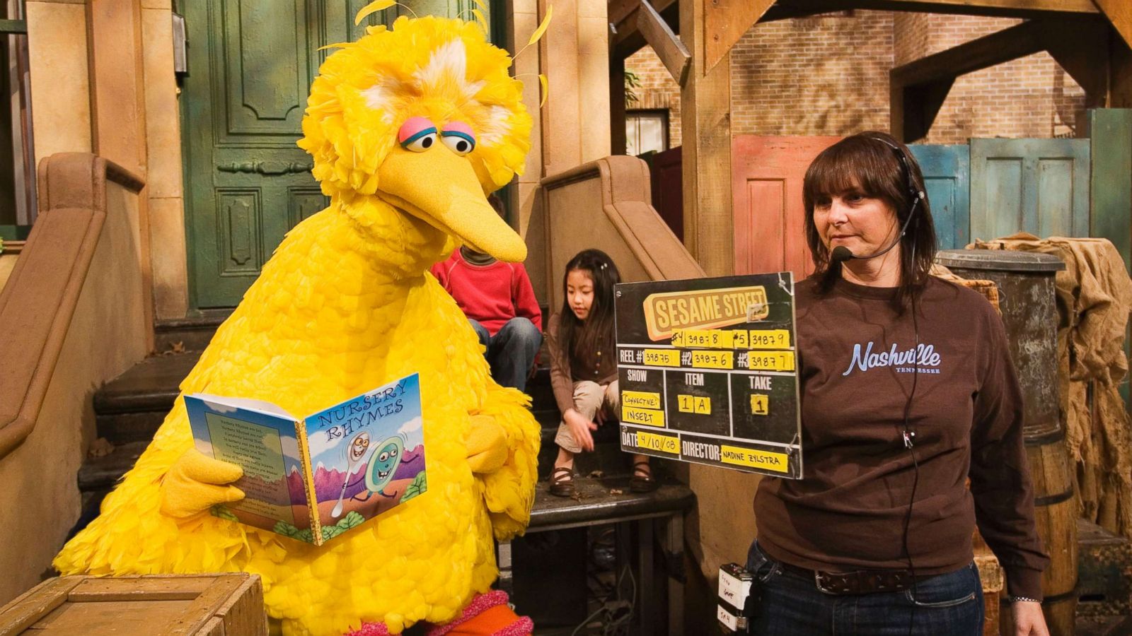 PHOTO: Lynn Finkel, stage manager for "Sesame Street" slates a taping with Big Bird in New York, April 10, 2008. Caroll Spinney, the puppeteer who has played Big Bird on "Sesame Street" is retiring after nearly 50 years on the show.