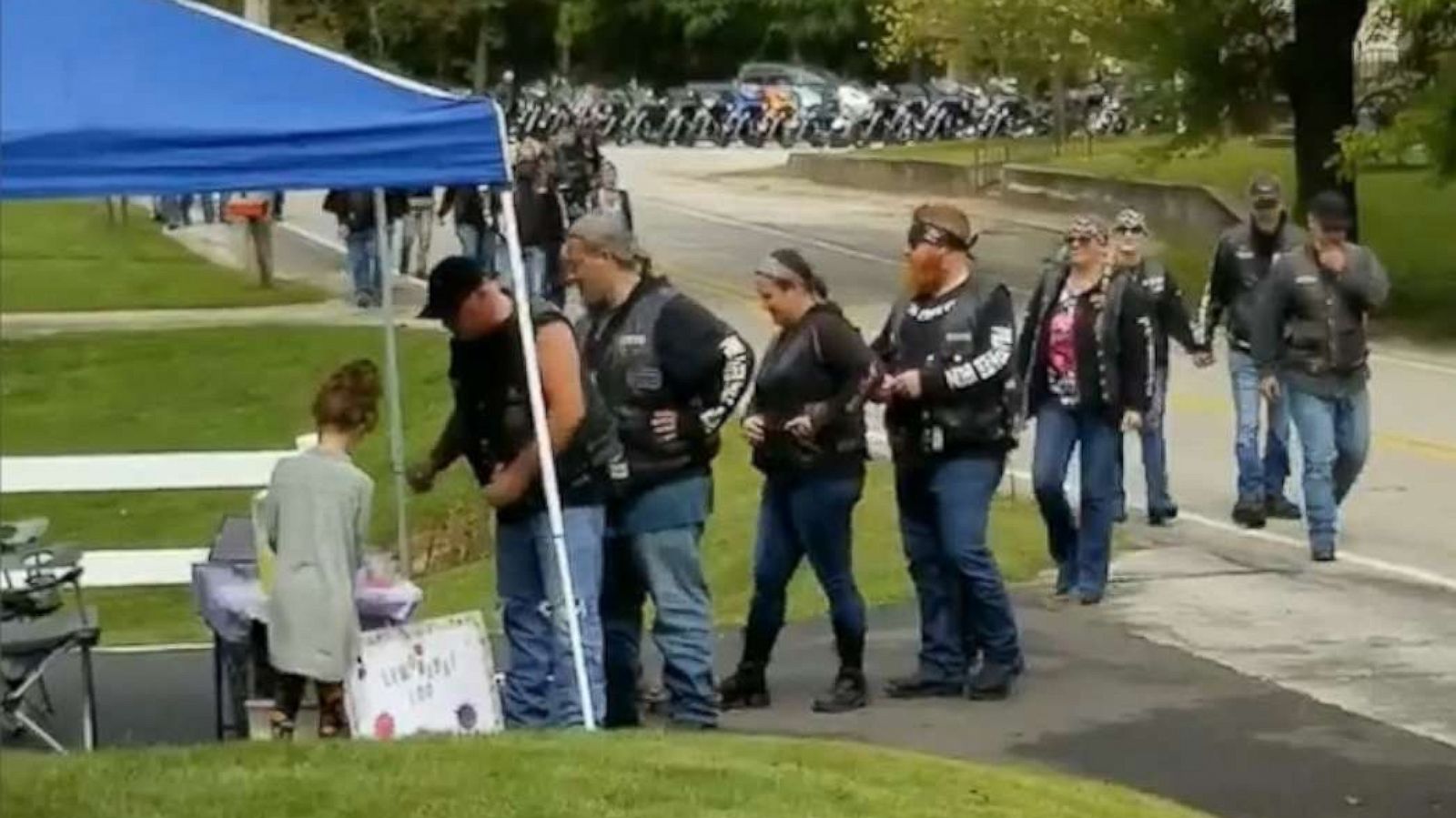 PHOTO: The Milwaukee Iron motorcycle group of Kokomo, Indiana, lined up at 8-year-old Bryanne's stand after her mom Daryn Sturch, a nurse, helped them after a highway crash.