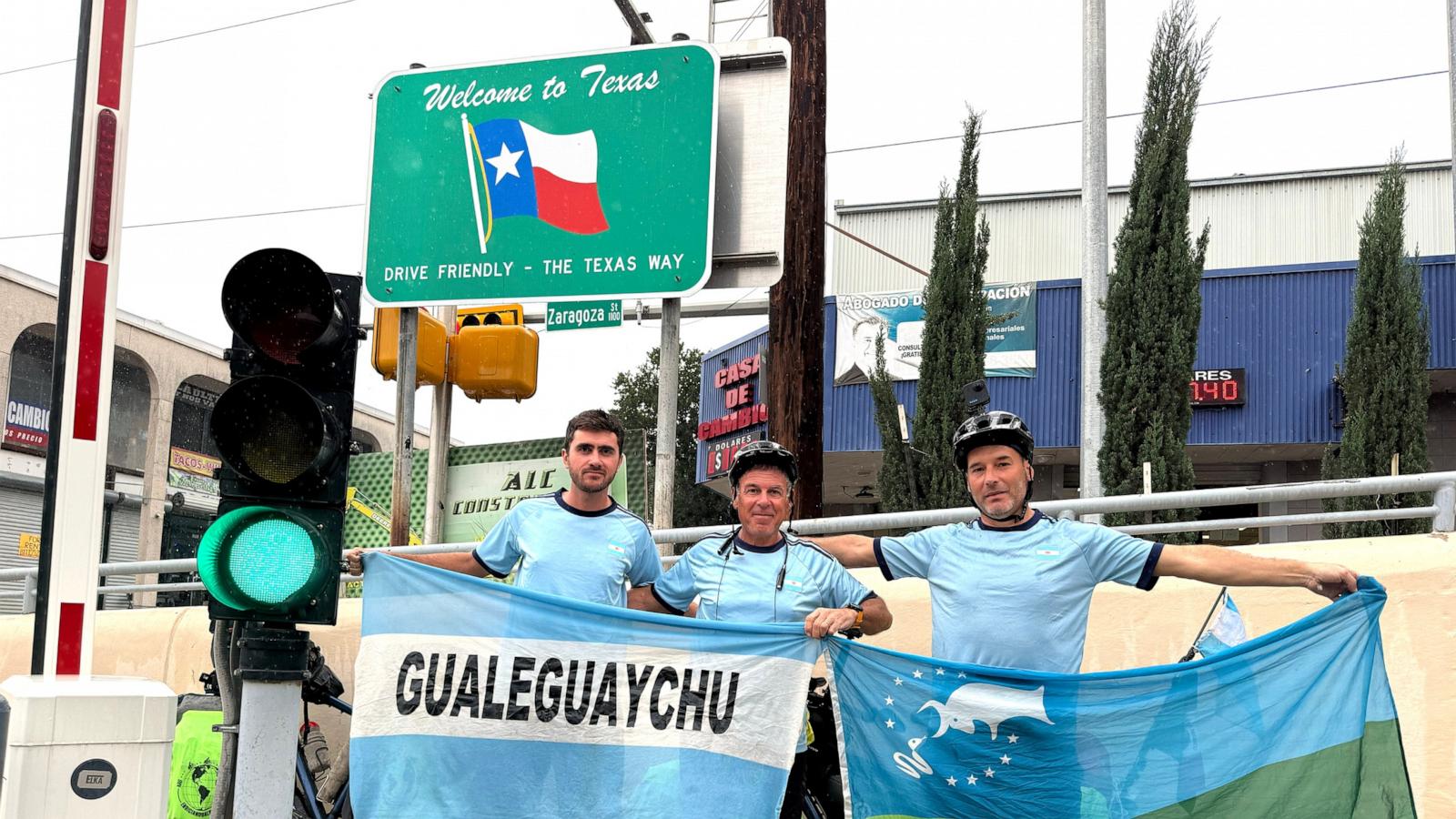 PHOTO: Vicente Conculini, Miguel Silio and Yamandú Martínez cycled from Argentina to Kansas City, Missouri, to root for their Argentine home team at the 2026 World Cup.