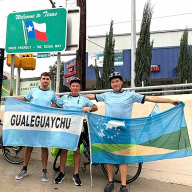 PHOTO: Vicente Conculini, Miguel Silio and Yamandú Martínez cycled from Argentina to Kansas City, Missouri, to root for their Argentine home team at the 2026 World Cup.