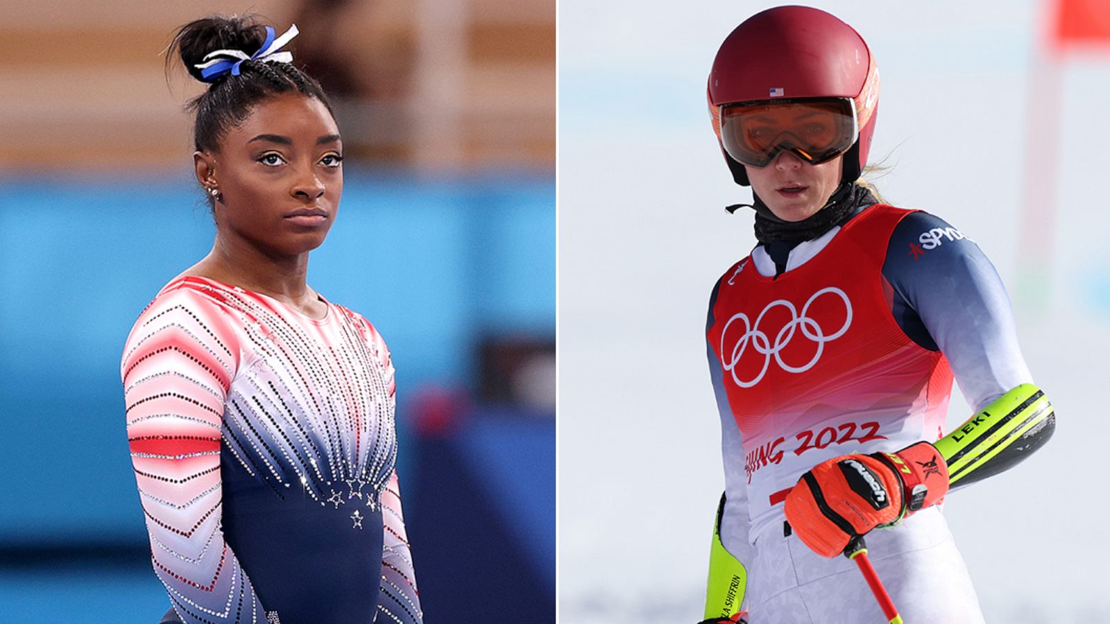 PHOTO: Simone Biles of Team United States looks on as she warms up at the Tokyo 2020 Olympic Games, Aug. 3, 2021. Mikaela Shiffrin of Team United States reacts after not finishing her run at the 2022 Winter Olympic Games, Feb. 7, 2022, in Yanqing, China.