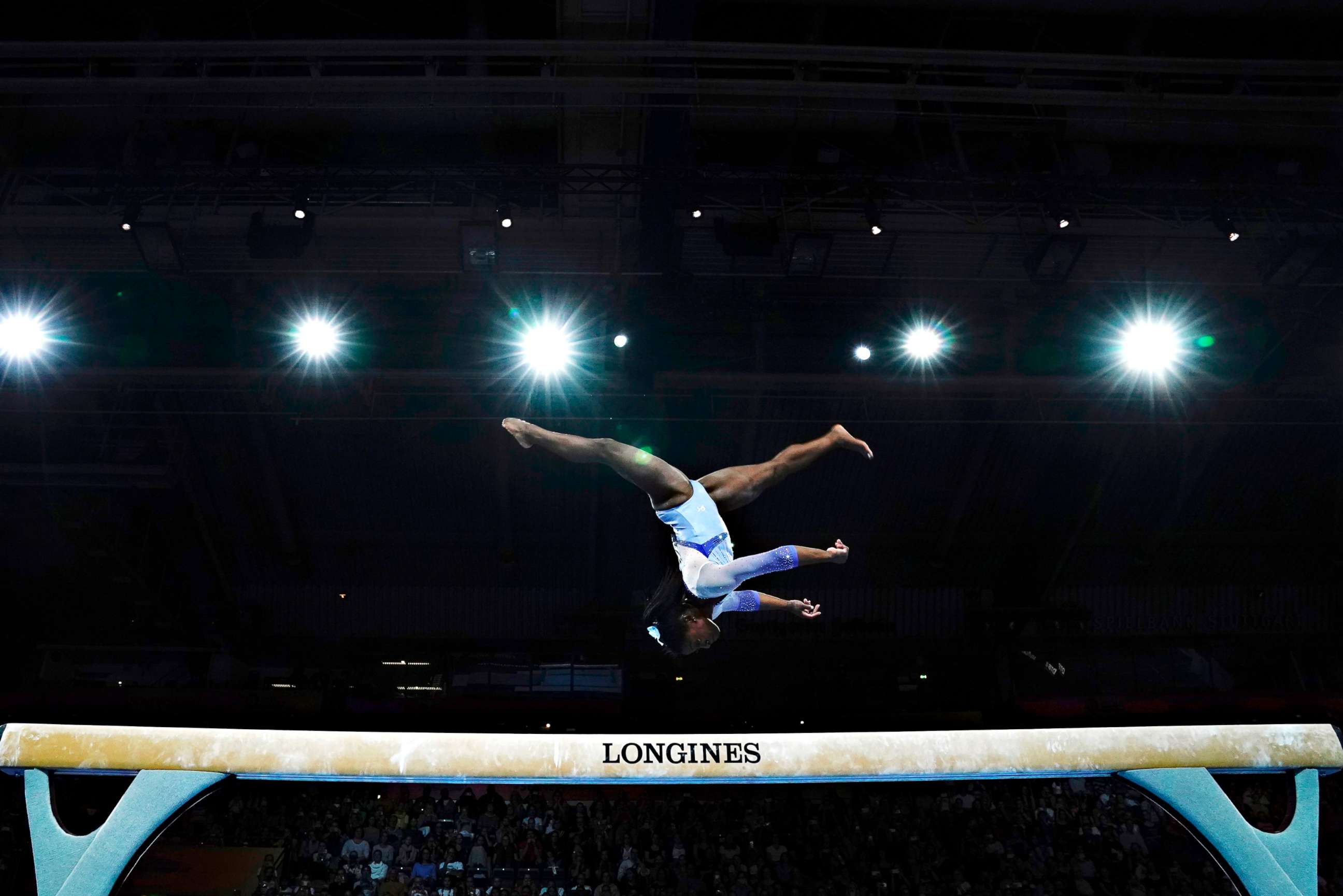 PHOTO: Simone Biles landed her signature double-double dismount from the beam at FIG Artistic Gymnastics World Championships at the Hanns-Martin-Schleyer-Halle in Stuttgart, Germany on Oct. 5, 2019, which was then named the "Biles."