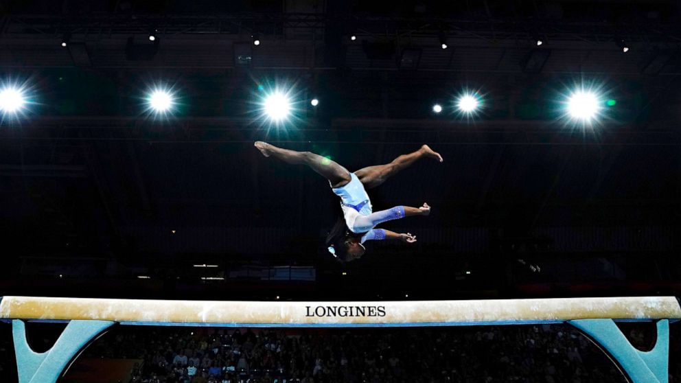 PHOTO: Simone Biles landed her signature double-double dismount from the beam at FIG Artistic Gymnastics World Championships at the Hanns-Martin-Schleyer-Halle in Stuttgart, Germany on Oct. 5, 2019, which was then named the "Biles."