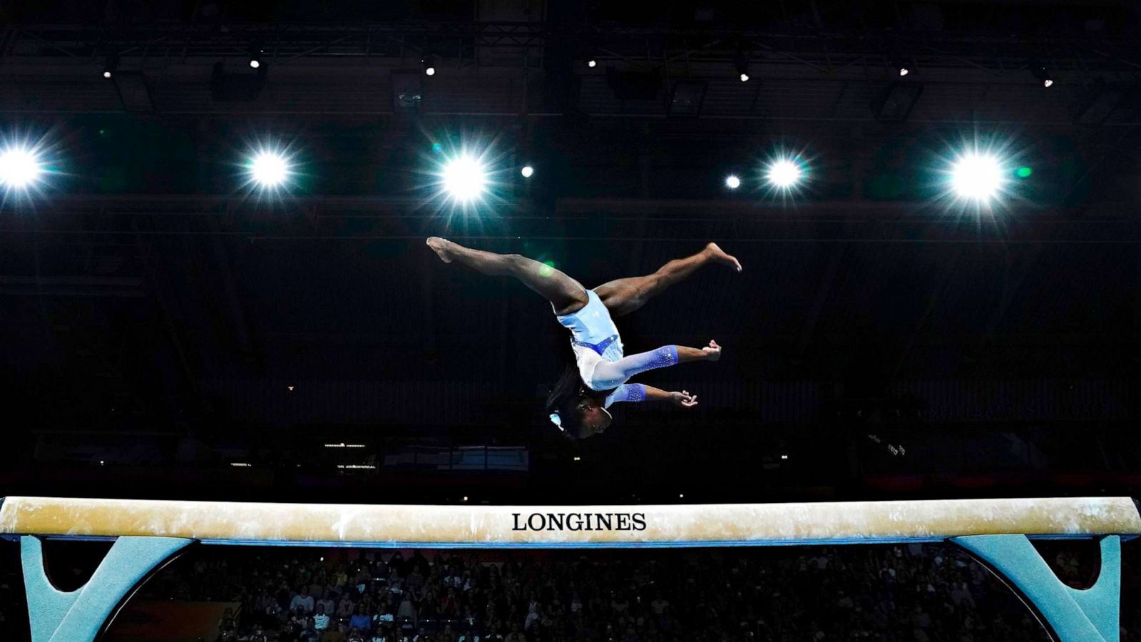 PHOTO: Simone Biles landed her signature double-double dismount from the beam at FIG Artistic Gymnastics World Championships at the Hanns-Martin-Schleyer-Halle in Stuttgart, Germany on Oct. 5, 2019, which was then named the "Biles."