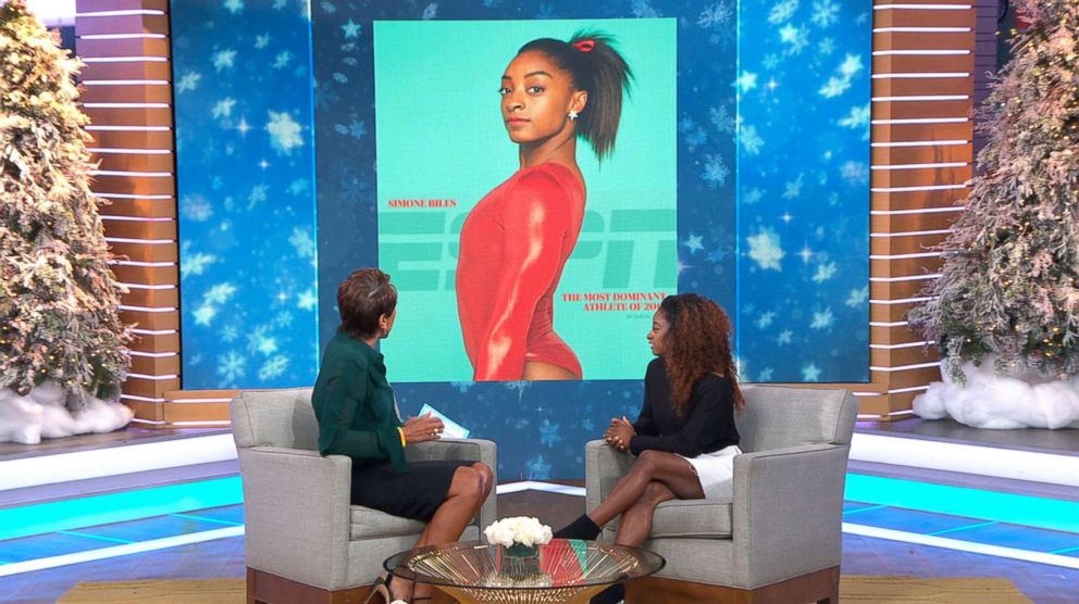 PHOTO: ABC's Robin Roberts talks with gymnast Simone Biles about her appearance on the cover of ESPN Magazine on "Good Morning America," Dec. 11, 2018.
