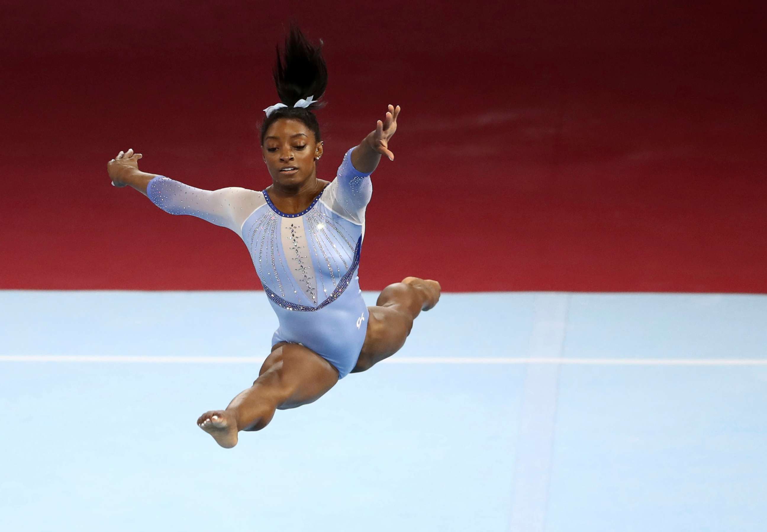 PHOTO: Simone Biles performed the triple-double, officially to be named the Biles II, in her floor routine at the World Artistic Gymnastics Championships in Stuttgart, Germany on Oct. 5, 2019.
