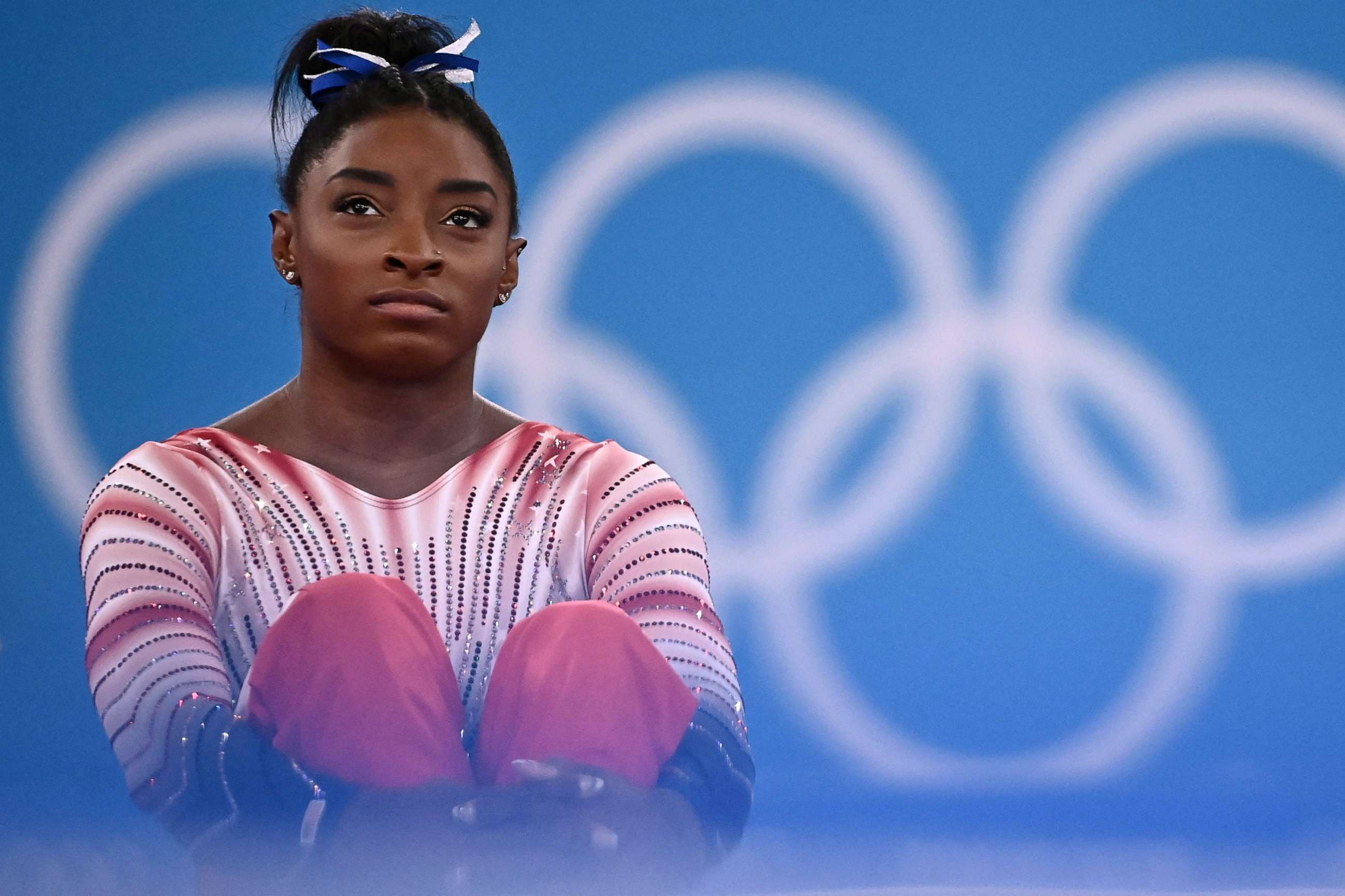 PHOTO: Gymnast Simone Biles waits during competition at the Tokyo Olympic Games, Aug. 3, 2021, in Tokyo. 