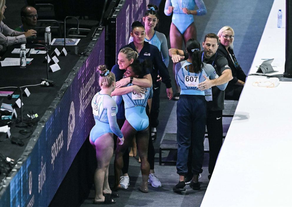 PHOTO: Simone Biles celebrates after performing her vault during the women's qualifications on the second day of the Artistic Gymnastics World Championships, in Antwerp, Oct. 1, 2023.