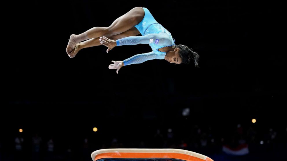 PHOTO: Simone Biles performs her new vault, the 'Biles II,' during Women's Qualifications on Day Two of the FIG Artistic Gymnastics World Championships, Oct. 1, 2023 in Antwerp, Belgium.