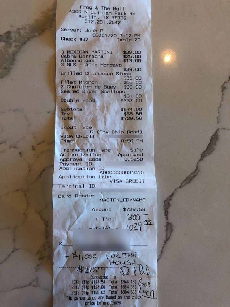 PHOTO: A generous customer left a $1300 tip, after asking to double-charge all food items, at a recently reopened restaurant in Austin, April 30, 2020.