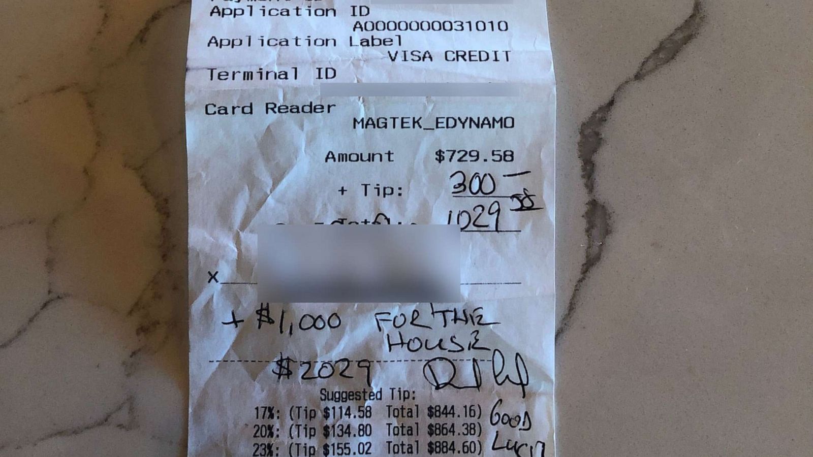 PHOTO: A generous customer left a $1300 tip, after asking to double-charge all food items, at a recently reopened restaurant in Austin, April 30, 2020.