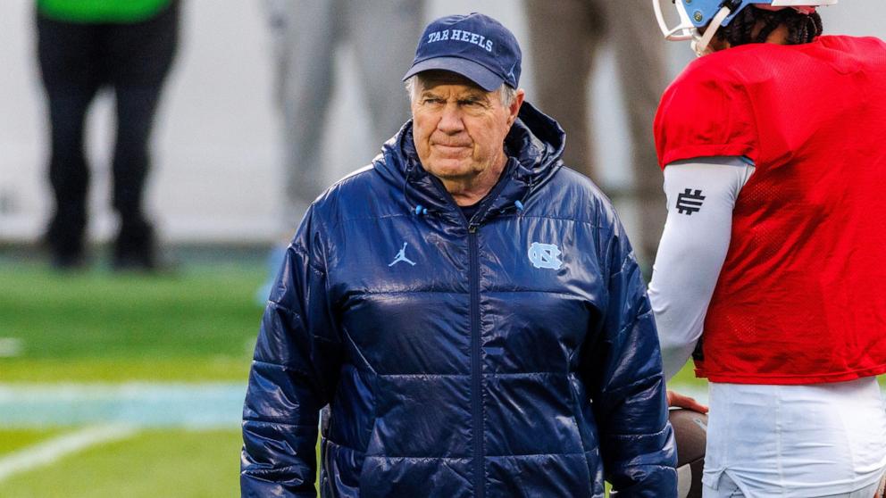 PHOTO:Head coach Bill Belichick of the North Carolina Tar Heels coaches at Kenan Stadium, on April 12, 2025, in Chapel Hill, North Carolina. 