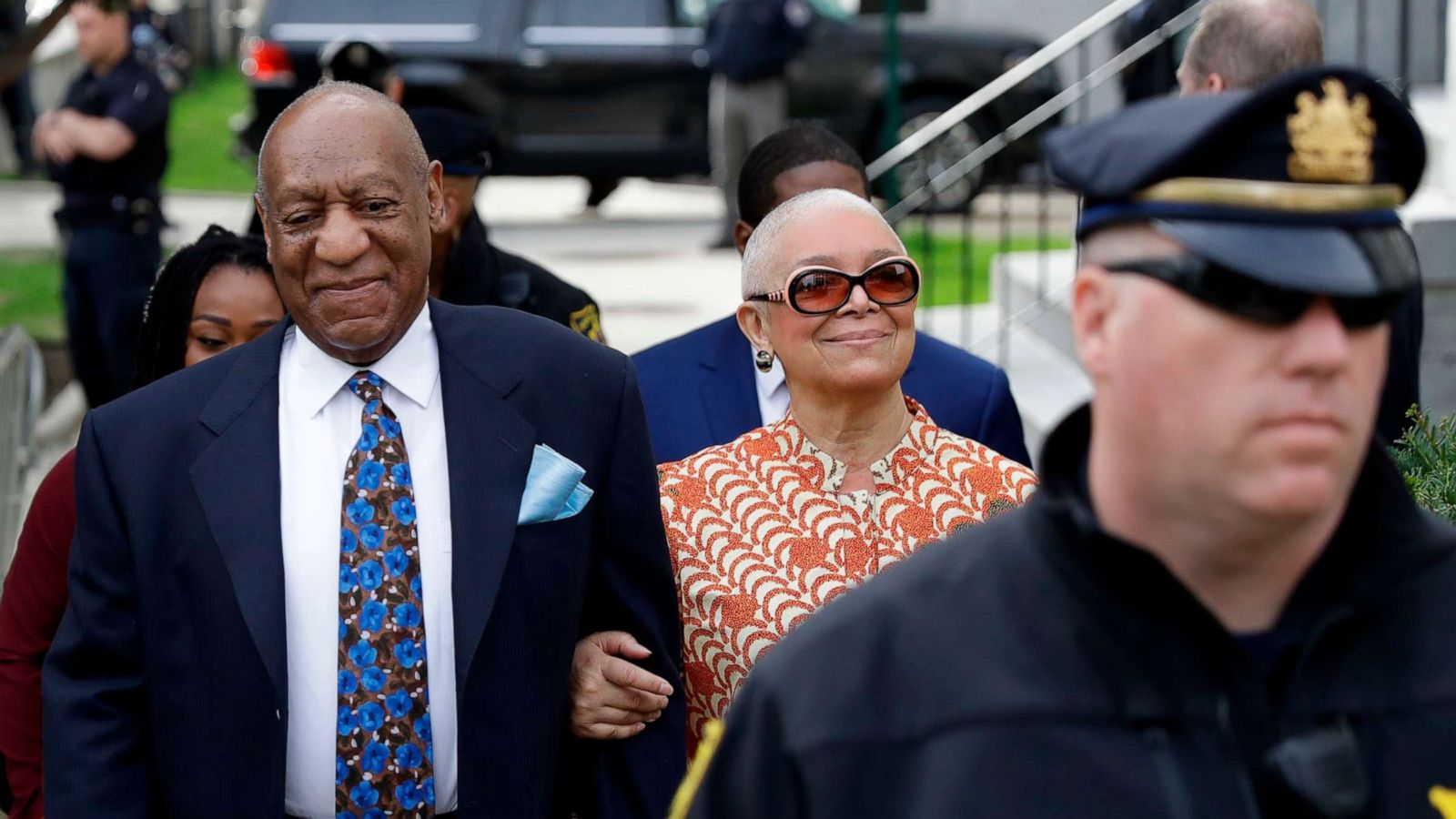 PHOTO: In this April 24, 2018, file photo, Bill Cosby, left, arrives with his wife, Camille, for his sexual assault trial, at the Montgomery County Courthouse in Norristown, Pa.