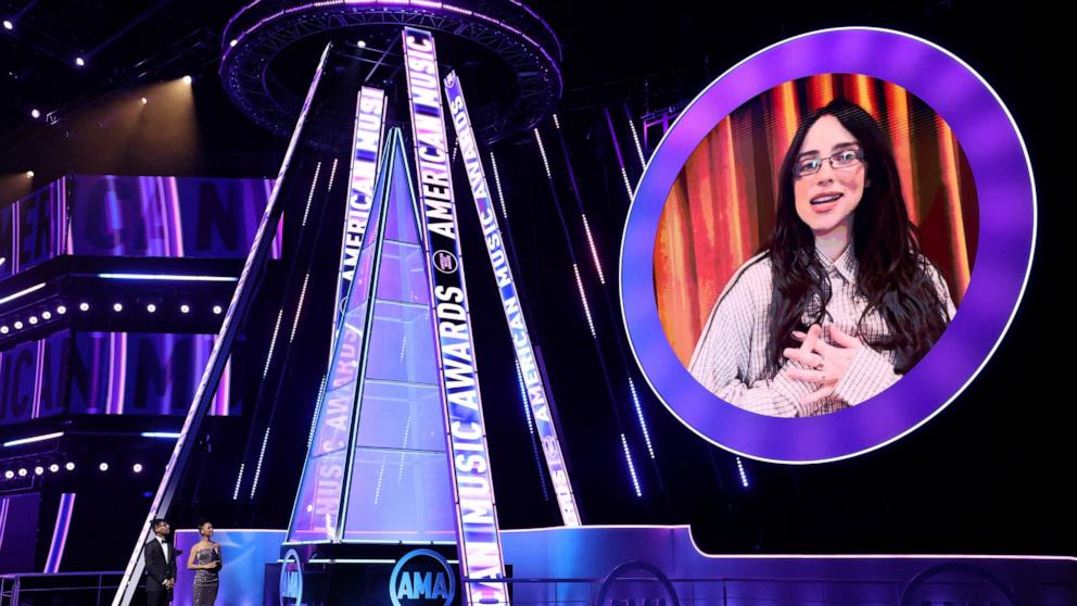 PHOTO: Billie Eilish gives acceptance speech for the Artist of the Year award virtually at the 2025 American Music Awards, in Las Vegas, Nevada, May 26, 2025.