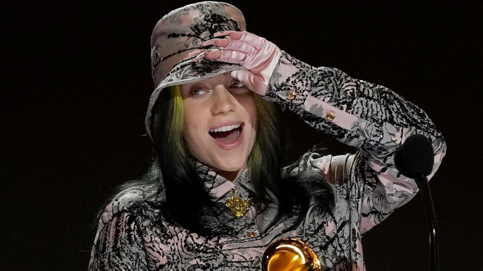 PHOTO: Billie Eilish reacts as she accepts the award for record of the year for "Everything I Wanted" at the 63rd annual Grammy Awards at the Los Angeles Convention Center, March 14, 2021.