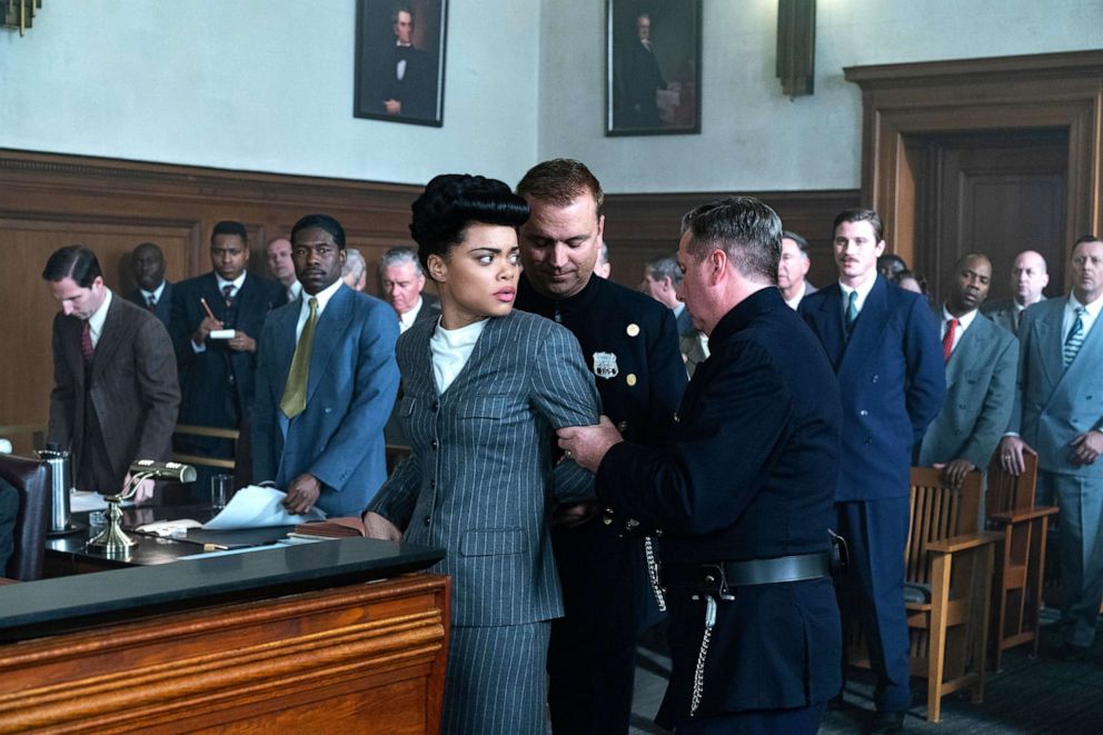 PHOTO: Trevante Rhodes, Andra Day and Garrett Hedlund are pictured in a courtroom scene of the movie "The United States vs. Billie Holiday" from Paramount Pictures.