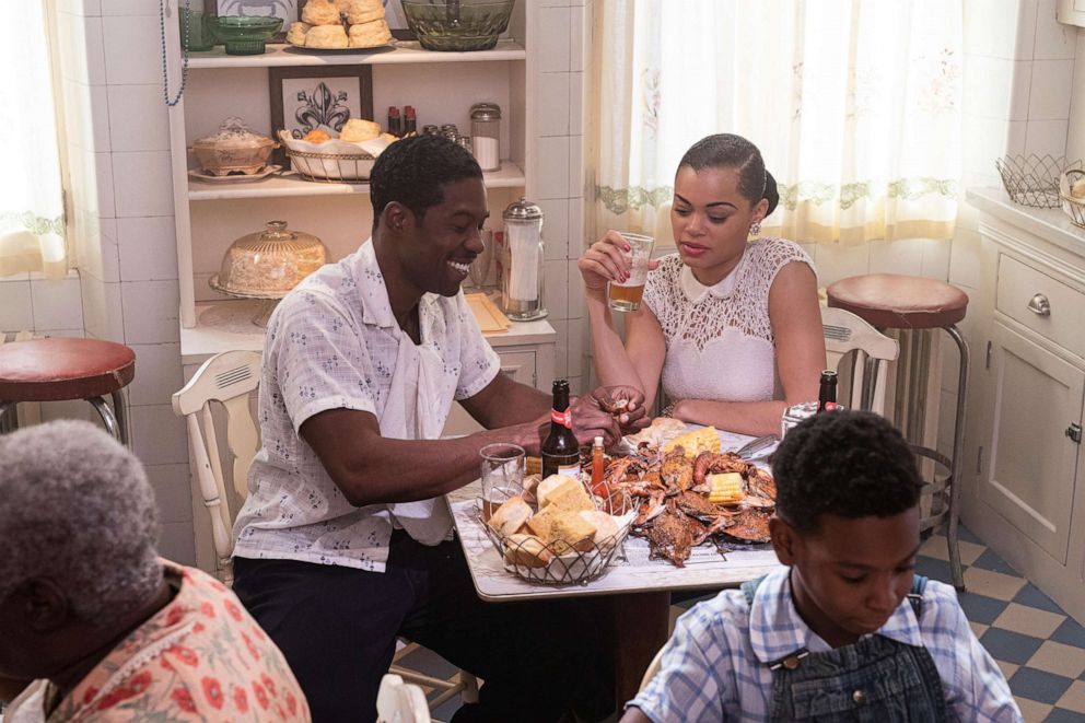 PHOTO: Trevante Rhodes and Andra Day are pictured eating in a scene of the movie "The United States vs. Billie Holiday" from Paramount Pictures. 