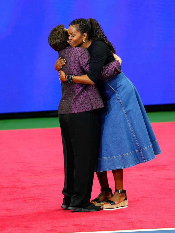 PHOTO: Billie Jean King and Former First Lady Michelle Obama are seen at the opening day of the 2023 U.S. Open Tennis Tournament, Aug. 28, 2023, in New York.