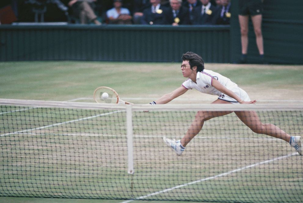 PHOTO: Billy Jean King stretches to hit the ball during the Virginia Slims Championship series circa 1972. King founded the series in 1971.