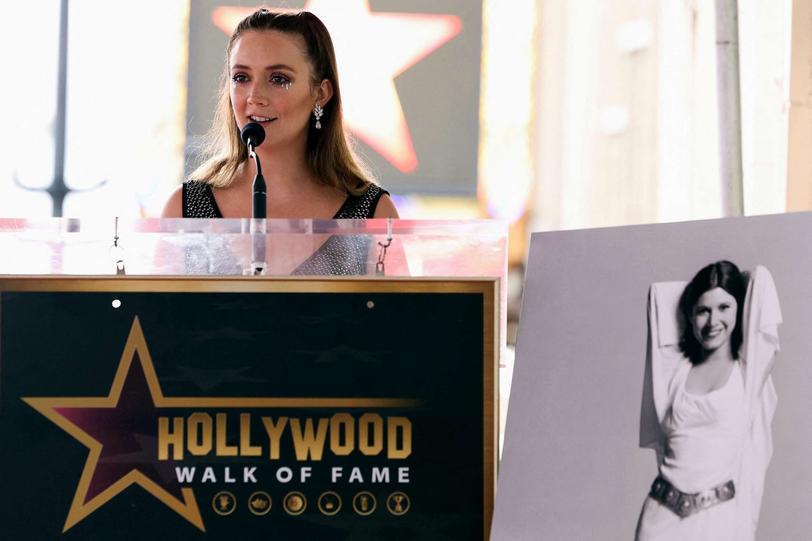 PHOTO: Billie Lourd speaks during the posthumous unveiling of the star of actor Carrie Fisher on the Hollywood Walk of Fame in Los Angeles, May 4, 2023.