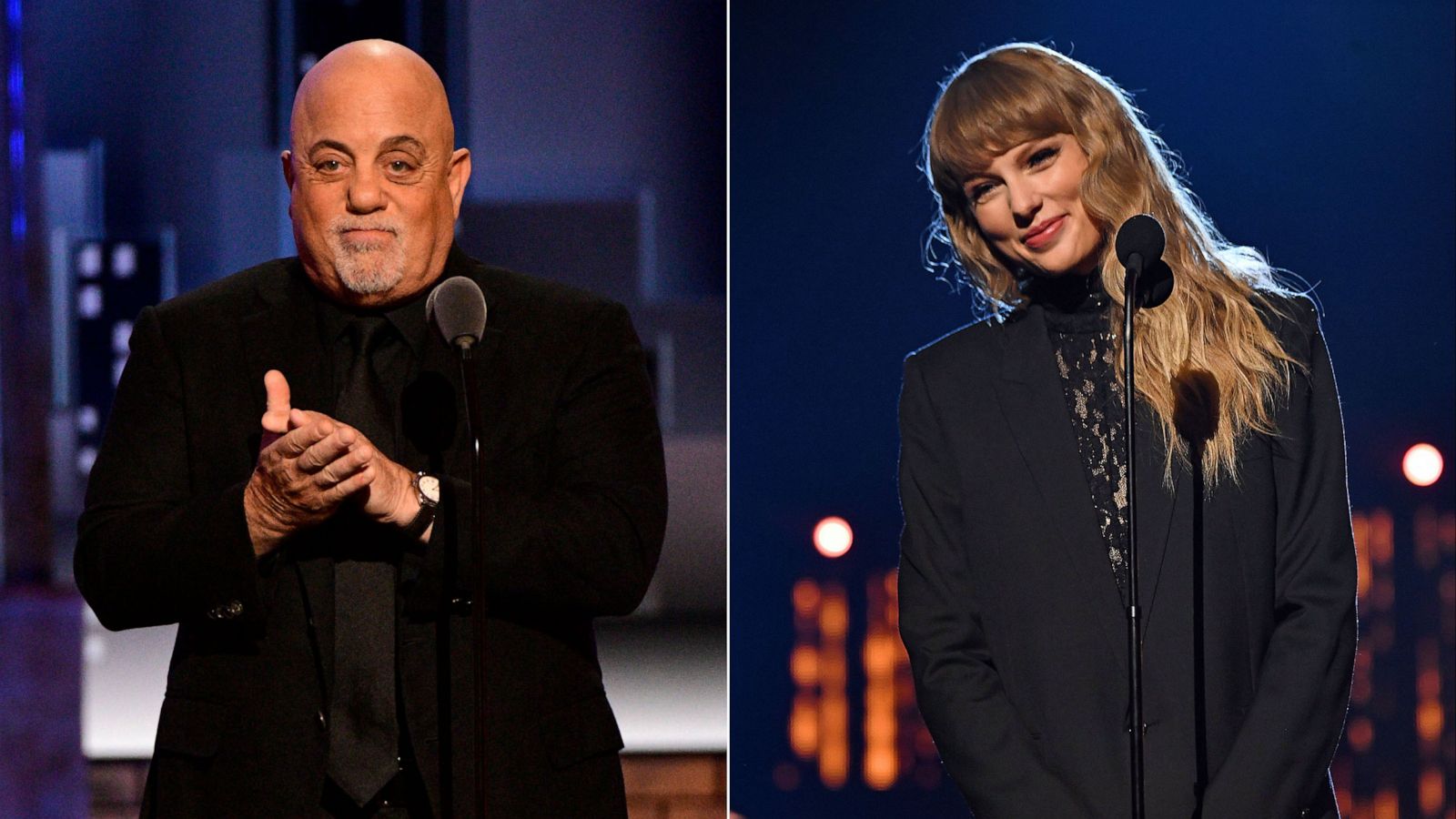 PHOTO: In this June 10, 2018, file photo, Billy Joel is shown onstage in New York. | Taylor Swift speaks onstage in Cleveland, Oct. 30, 2021.