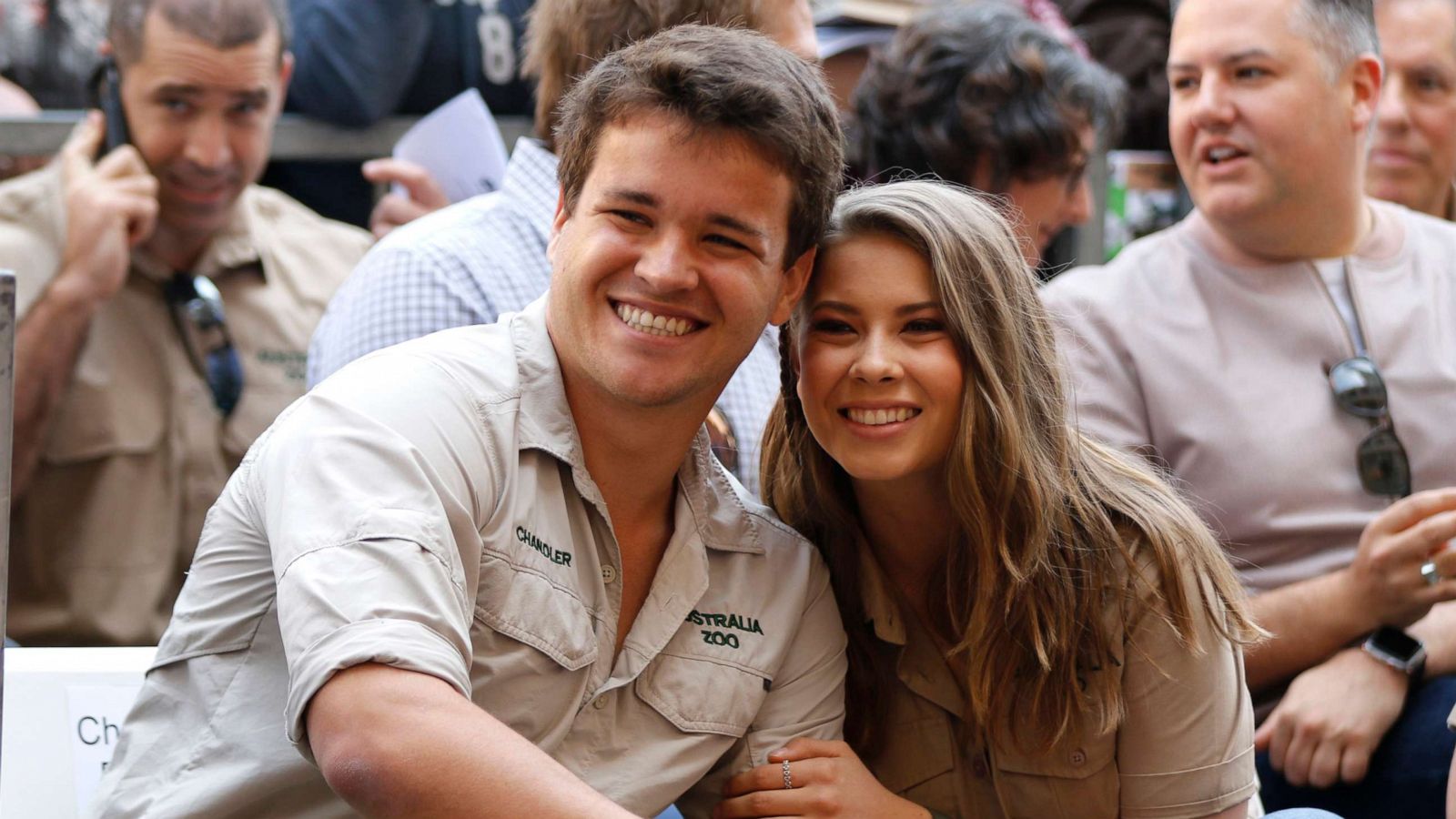 PHOTO: This April 26, 2018 file photo shows Chandler Powell, left, and Bindi Irwin at a ceremony honoring the late Steve Irwin with a star on the Hollywood Walk of Fame in Los Angeles.