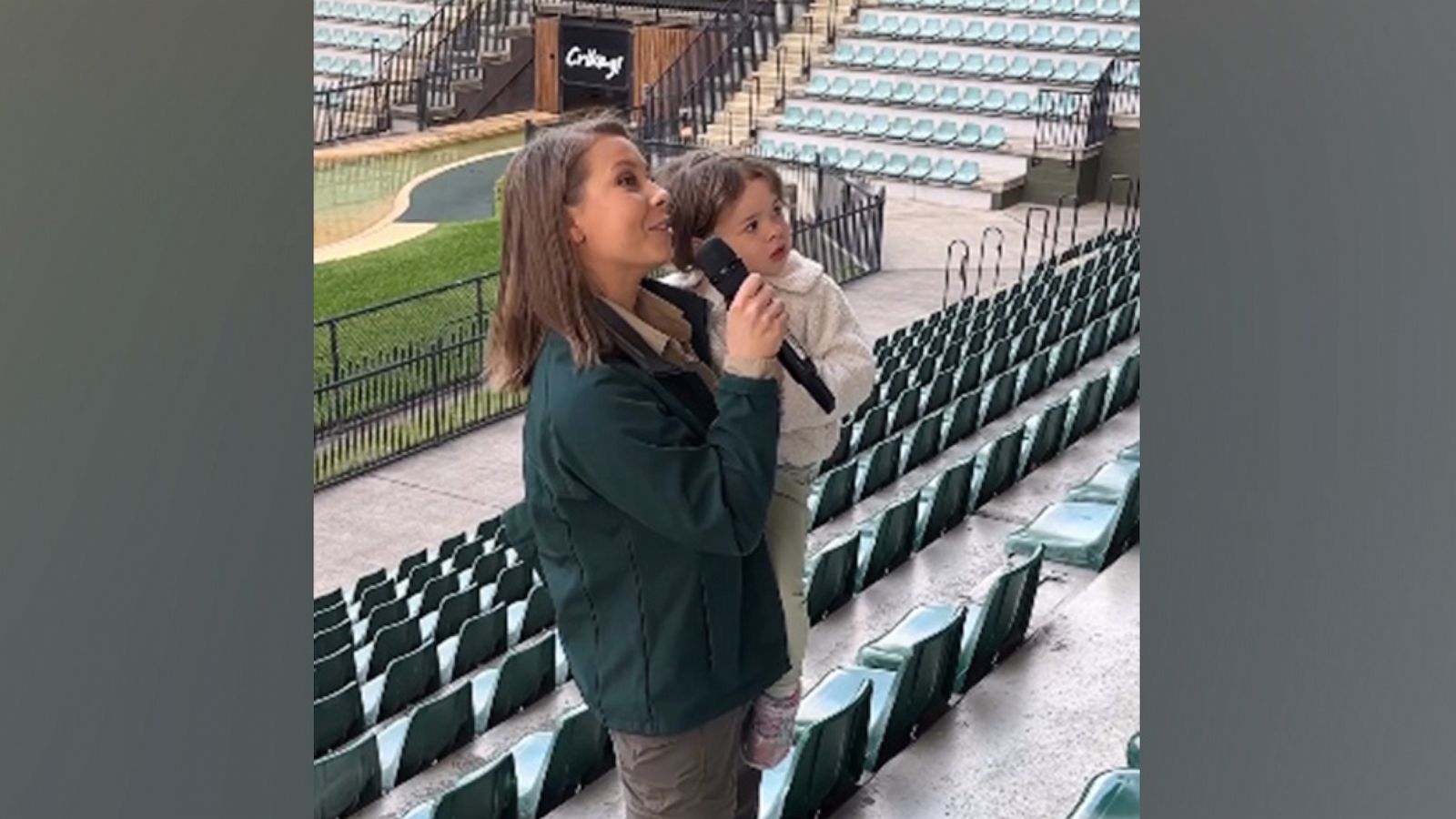 PHOTO: Bindi Irwin and daughter Grace are seen here at a staff meeting at the Australia Zoo in this screengrab from a video Irwin shared on Instagram.