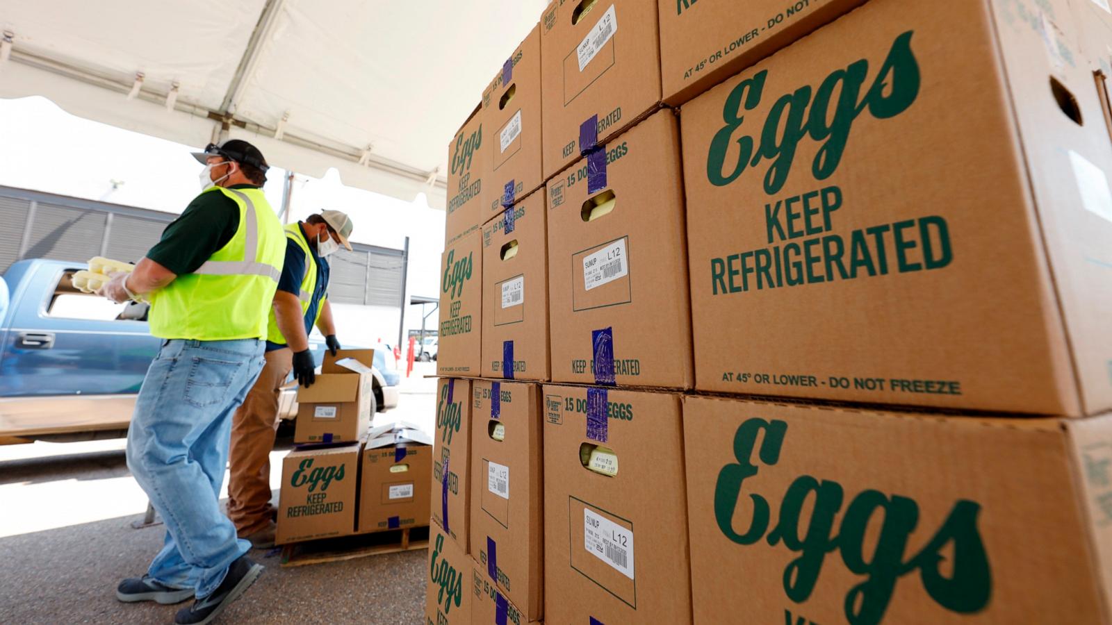 PHOTO: In this Aug. 7, 2020 file photo, cases of eggs from Cal-Maine Foods, Inc. await to be handed out by the Mississippi Department of Agriculture and Commerce employees at the Mississippi State Fairgrounds in Jackson, Miss.