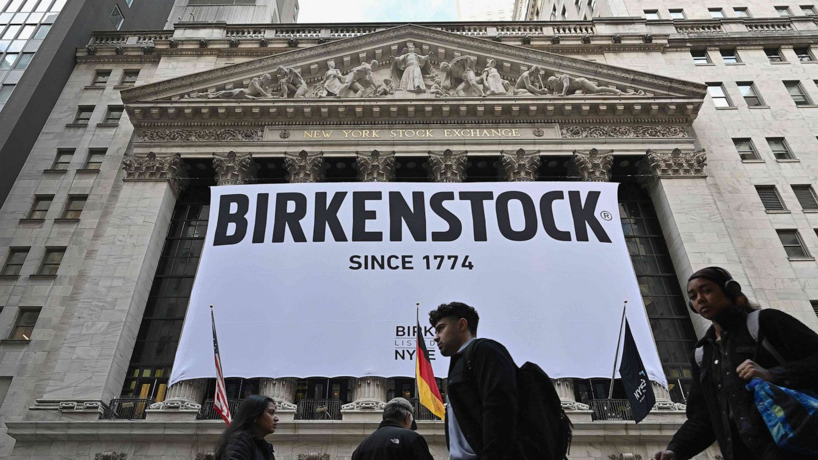 PHOTO: A Birkenstock banner hangs outside the New York Stock Exchange (NYSE) in New York on Oct. 11, 2023, as Birkenstock launches an Initial Public Offering (IPO).