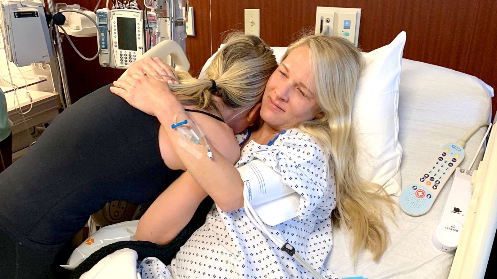 PHOTO: Hollie Jo Hepler hugs her sister-in-law, PJ Willis, who gave birth to Hepler's son on May 30, 2019.