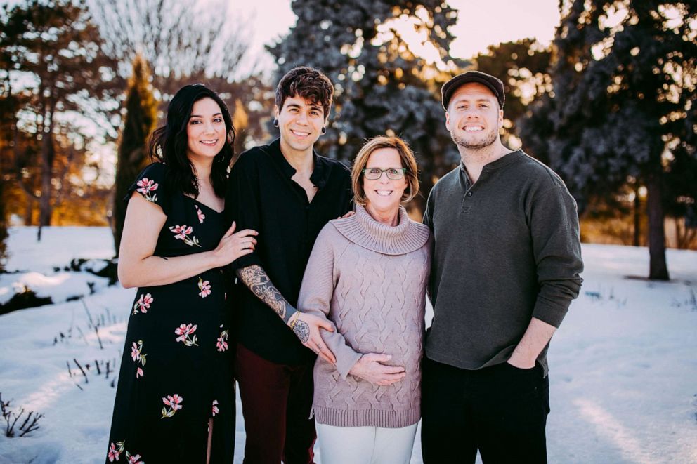 PHOTO: Matthew Eledge, far right, and Elliot Dougherty pose with Elliot's sister, Lea, and Matthew's mom, Cecile, center.