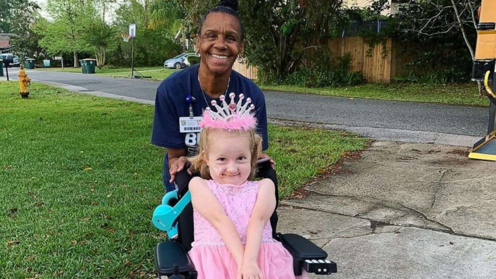 PHOTO: Arletha Sherman, 64, of Jacksonville, Fla., is pictured with pre-kindergartener Anna Hopson, 5, on April 10, 2019. Sherman decorated the school bus Anna rides  for her birthday.