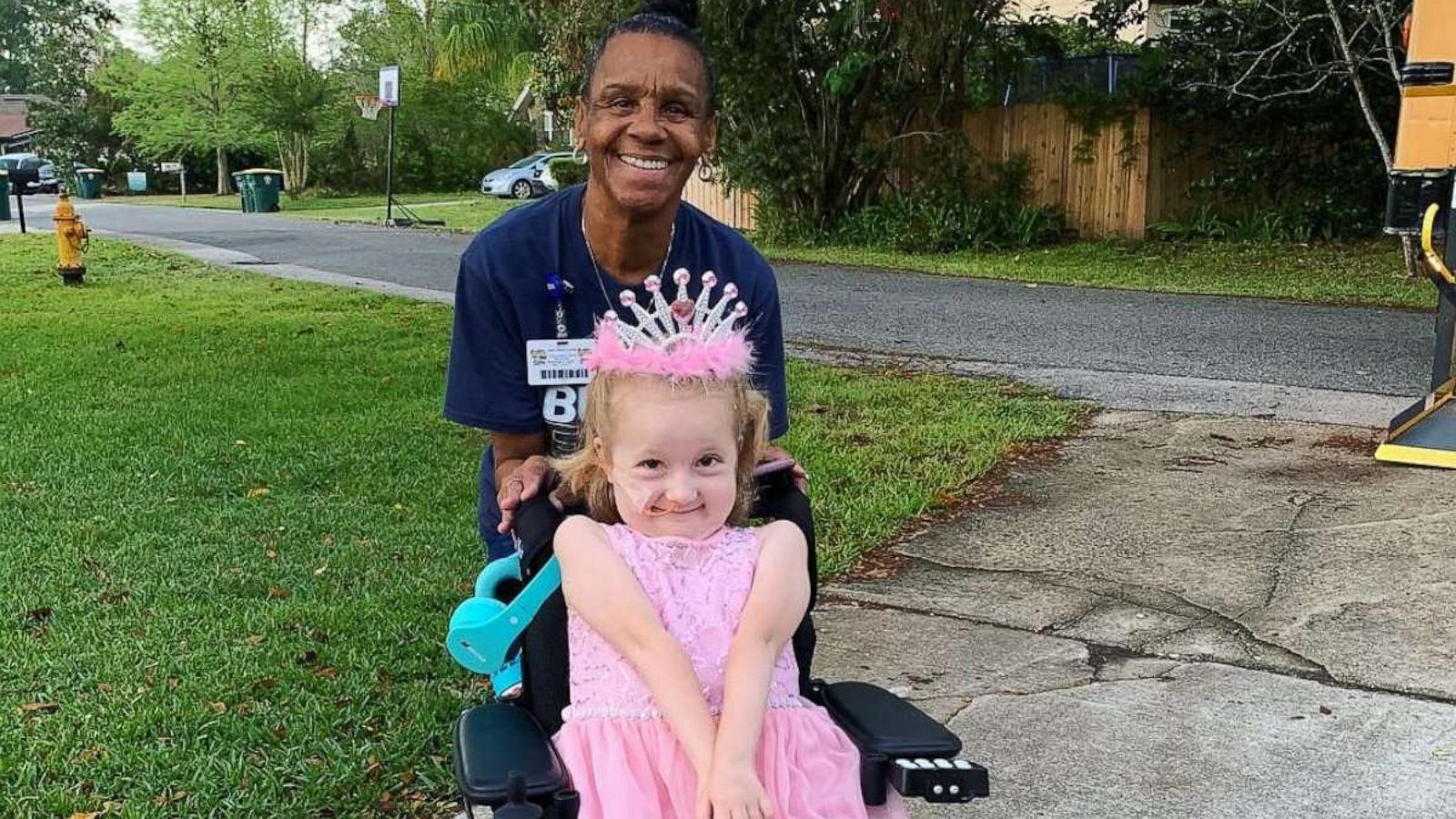 PHOTO: Arletha Sherman, 64, of Jacksonville, Fla., is pictured with pre-kindergartener Anna Hopson, 5, on April 10, 2019. Sherman decorated the school bus Anna rides for her birthday.