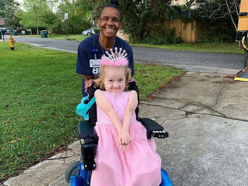 PHOTO: Arletha Sherman, 64, of Jacksonville, Fla., is pictured with pre-kindergartener Anna Hopson, 5, on April 10, 2019. Sherman decorated the school bus Anna rides for her birthday.