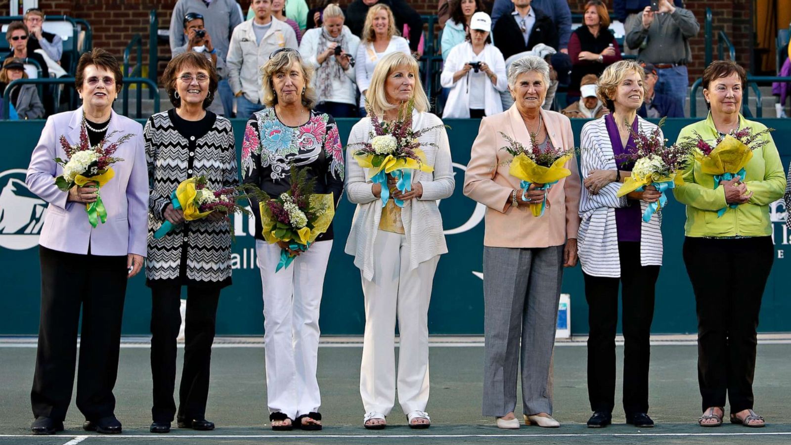 PHOTO: Members of the original nine women, from left to right, Billie Jean King, Peaches Bartkowicz, Kristy Pigeon, Valerie Ziegenfuss, Judy Tegart Dalton, Julie Heldman, Kerry Melville Reid, Nancy Richey and Rosie Casals.