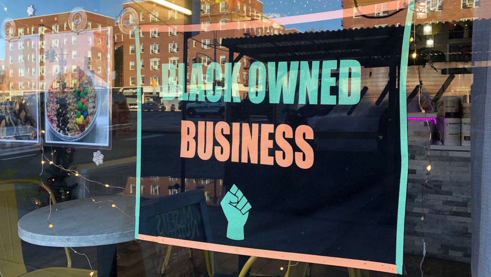 PHOTO: In this April 7, 2021, file photo, a Black Owned Business sign is showin in the window of MisFits Nutrition, in Queens, New York.