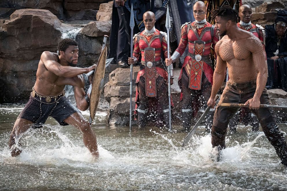 PHOTO: Chadwick Boseman and Michael B. Jordan in a scene from the movie Black Panther.