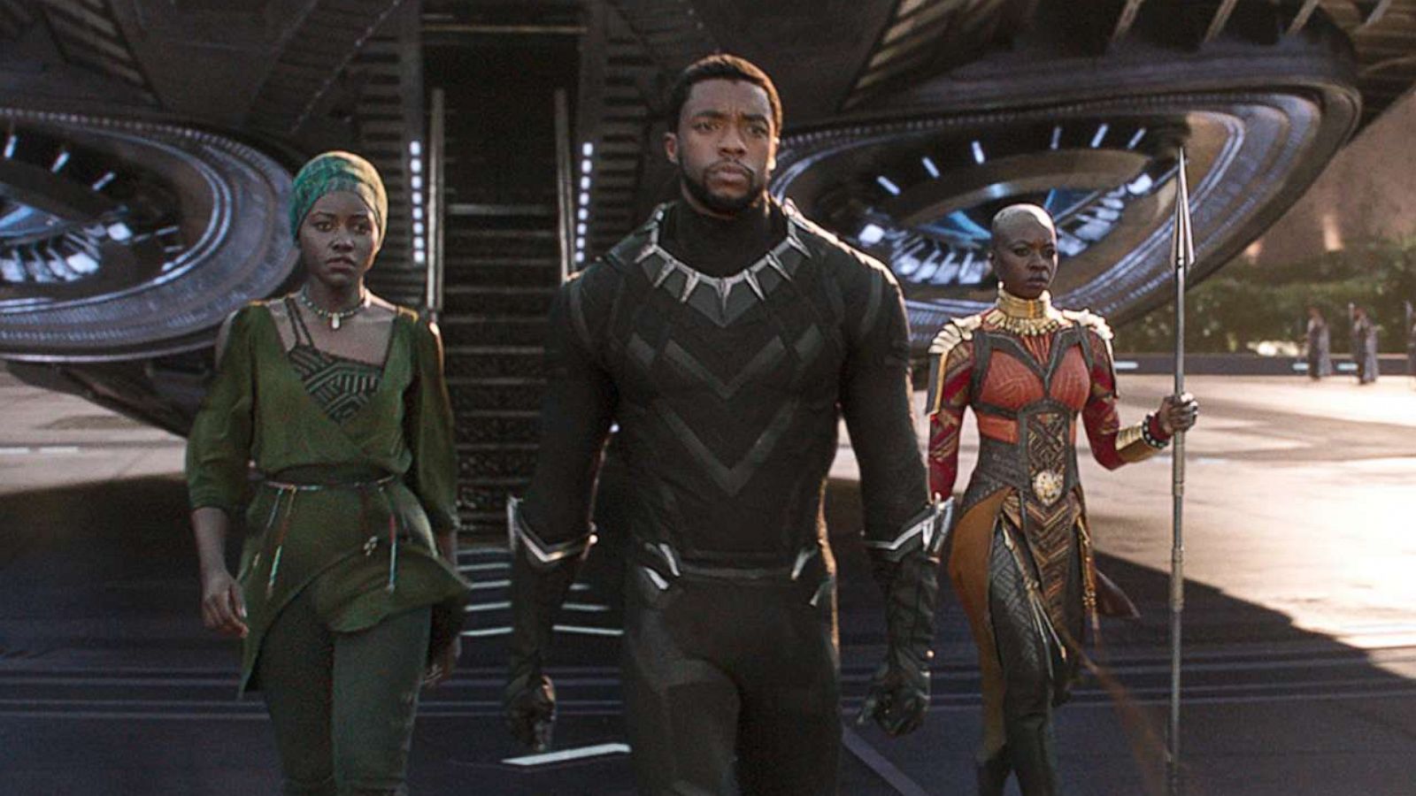 PHOTO: Lupita Nyong'o, Chadwick Boseman and Danai Gurira appear in a scene from the 2018 Marvel film, "Black Panther."