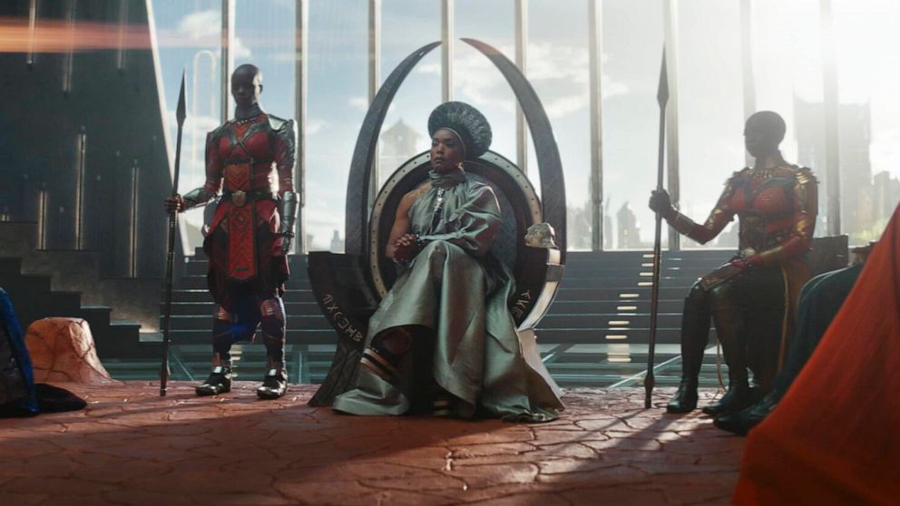PHOTO: Dorothy Steel as Merchant Tribe Elder, Florence Kasumba as Ayo, Angela Bassett as Ramonda, Danai Gurira as Okoye appear in Marvel Studios' Black Panther: Wakanda Forever.